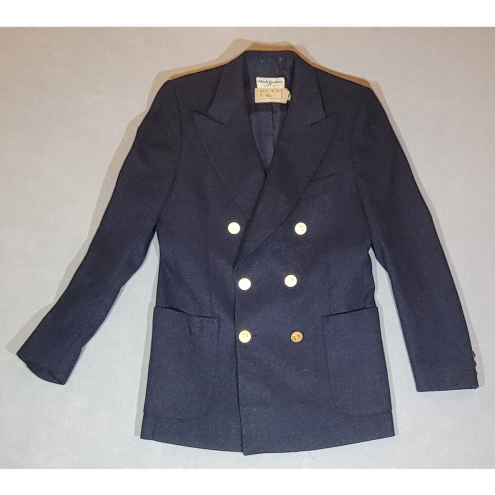 Vintage Woolf Brothers Navy Double Breasted Blazer 36R Italy Wool Blend